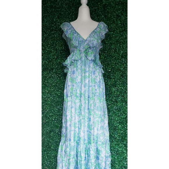 71. J.Crew Collection ruffle-trim cutout maxi dress in lime floral - Picture 5 of 12